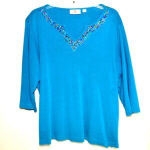 Quacker Factory 3/4 Sleeve Blue Blouse with Rhinestones on Collar – Size: 1X
